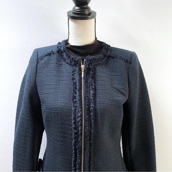NWT H&M Navy Tweed Coat Jacket Size XS – Long Fringe Trim Zip Front Blazer - Picture 3 of 10